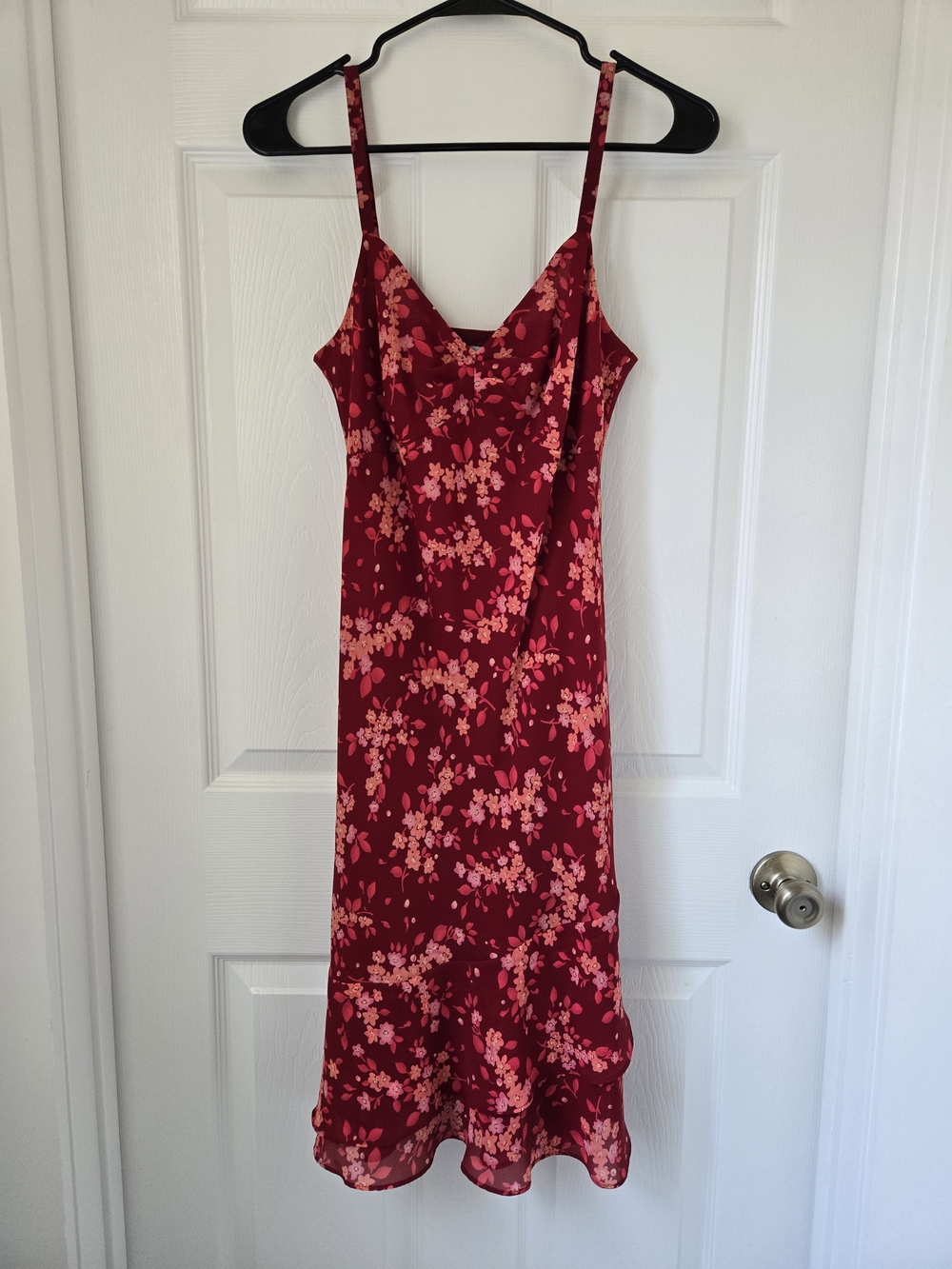 LOFT Red Floral Slip Midi Chiffon Dress with Pink Blossoms Size 2